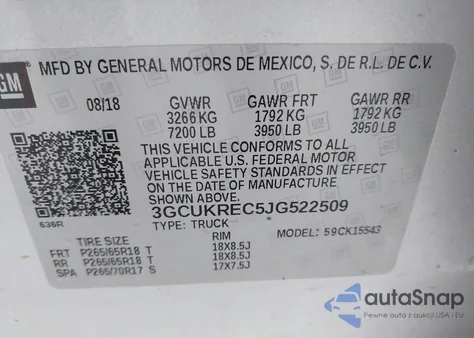 2018 Chevrolet Silverado 1500 2Lt из США, поврежденный, VIN 3GCUKREC5JG522509